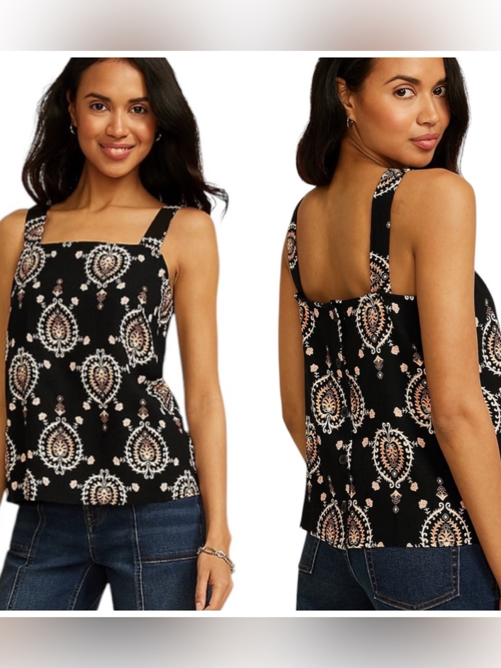 Maurices black boho print button backed cropped length tank blouse XS